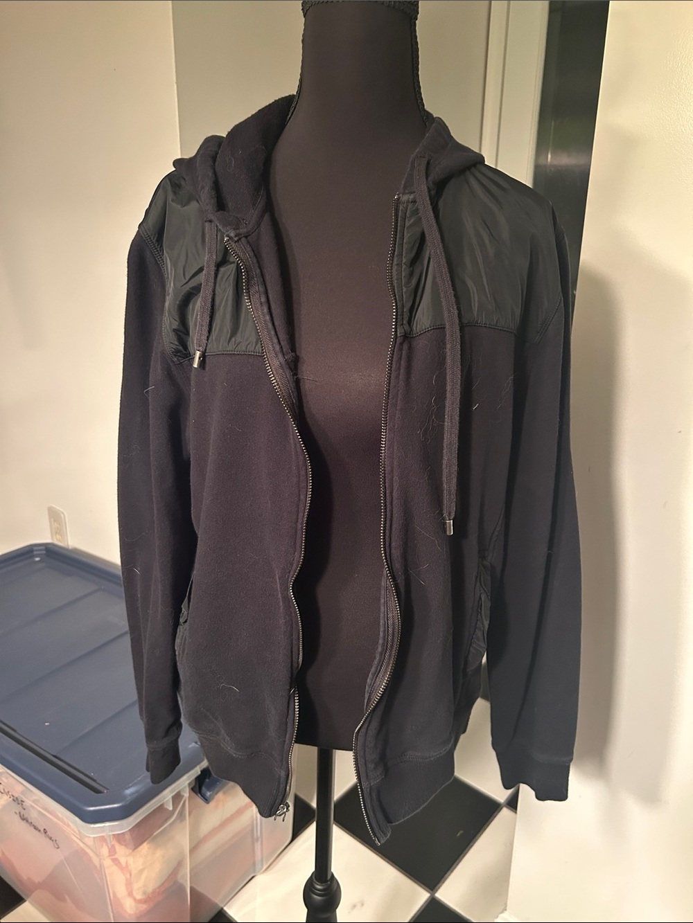 Michael Kors Black Hooded Zip Jacket with Woven Shoulder Panels